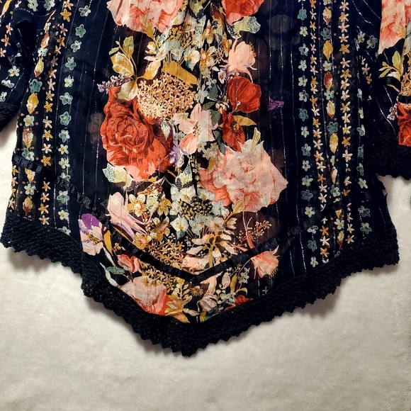 Black MD Multi-color Floral Blouse Crochet Lace Top #O31 - Picture 6 of 9